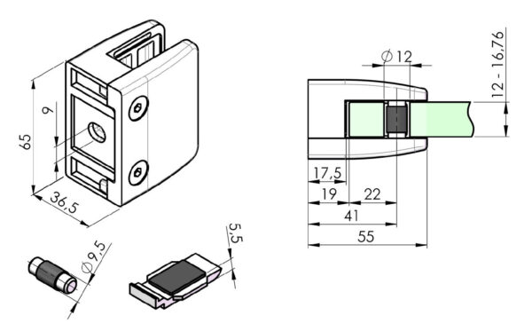 Klaasiklamber RST AISI 304, 55×65 turvatallaga Klaasklambrid ja punktkinnitused