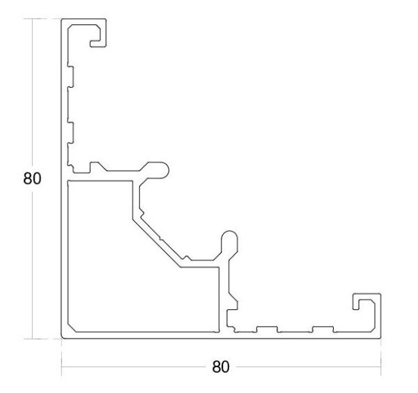 90 kraadi nurga klamberprofiil 80x80mm,  L-2900 ja/või L-5800mm Klaasuste ja klaasseinte profiilid