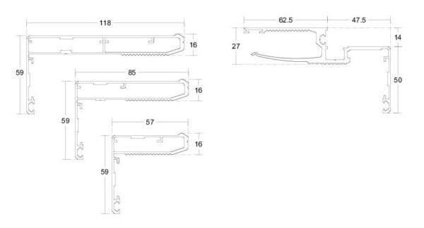 Teleskoop klaasukseleng 100-130mm; 130-160mm; 160-195mm, L-5800mm Klaasuste ja klaasseinte profiilid