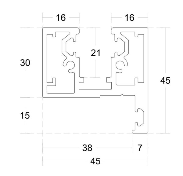 Klaasukseleng 45x45mm, L-5800mm Klaasuste ja klaasseinte profiilid